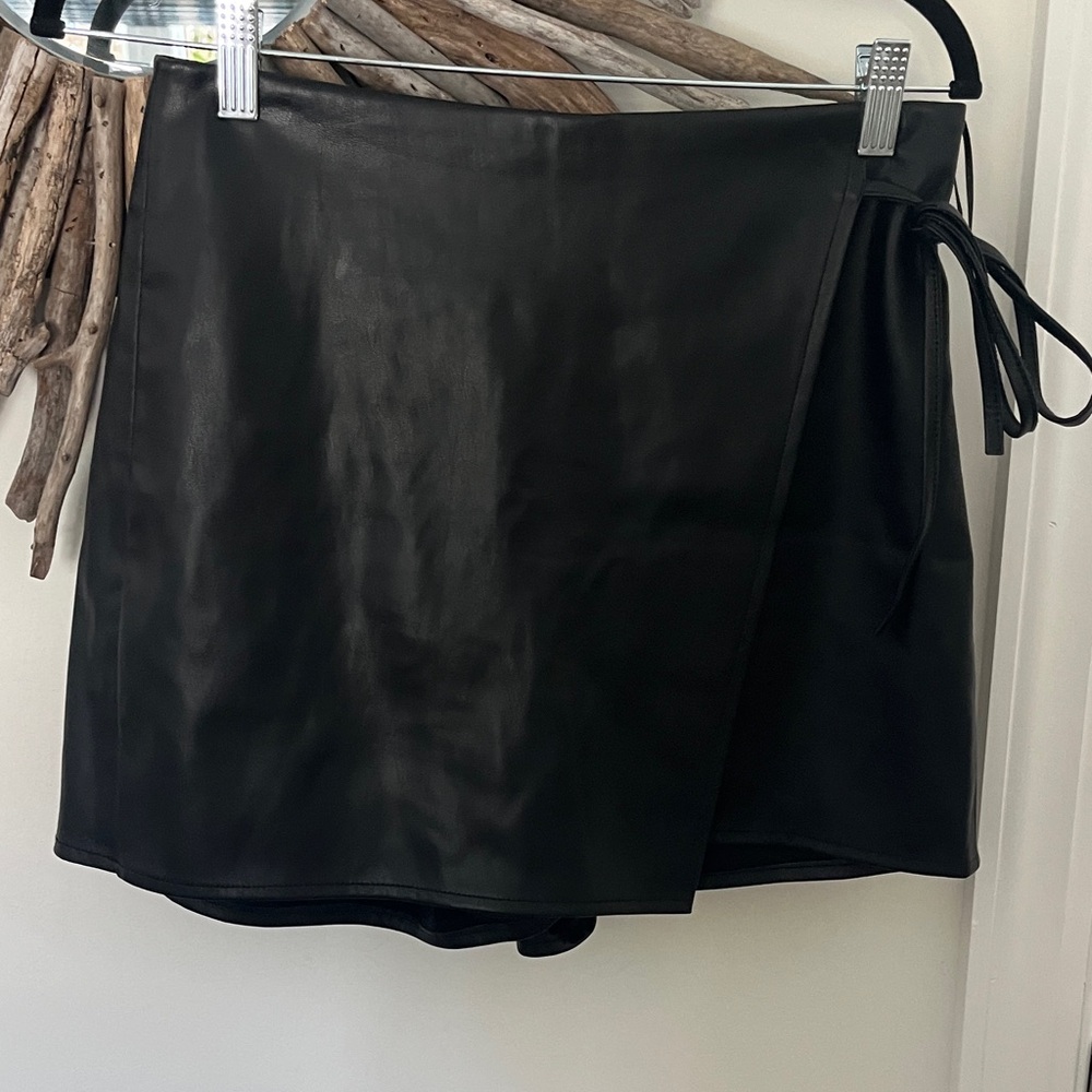 Black Faux Leather Wrap Skirt